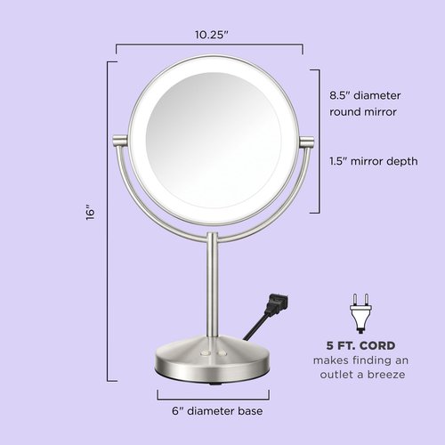 Conair Lighted Makeup Mirror, Double-Sided LED Vanity Mirror with 1X/10X Magnification, 3 Light Settings, 3 Modes, 360° Rotation, Satin Nickel Finish