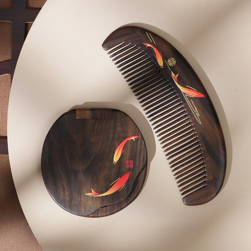 Tan Mujiang Premium Wooden Comb, Anti-Static, Natural Wood, Happy Bloom Set 1