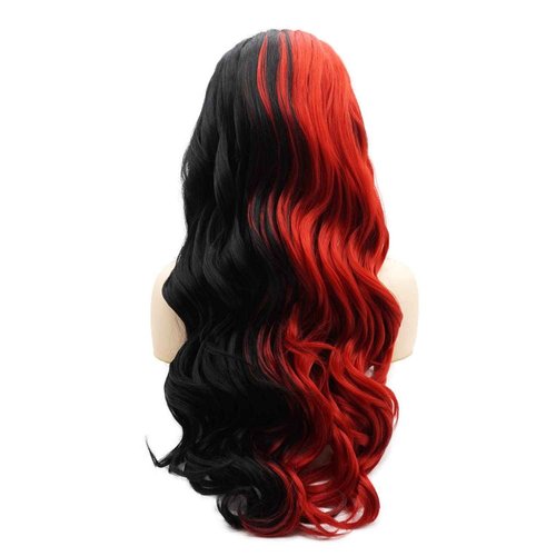 LUSHY BEAUTY Hair Synthetic Lace Front Wig Wavy Long 24inch Half Black Half Red Mix Heavy Density Heat Resistant Realistic Wig