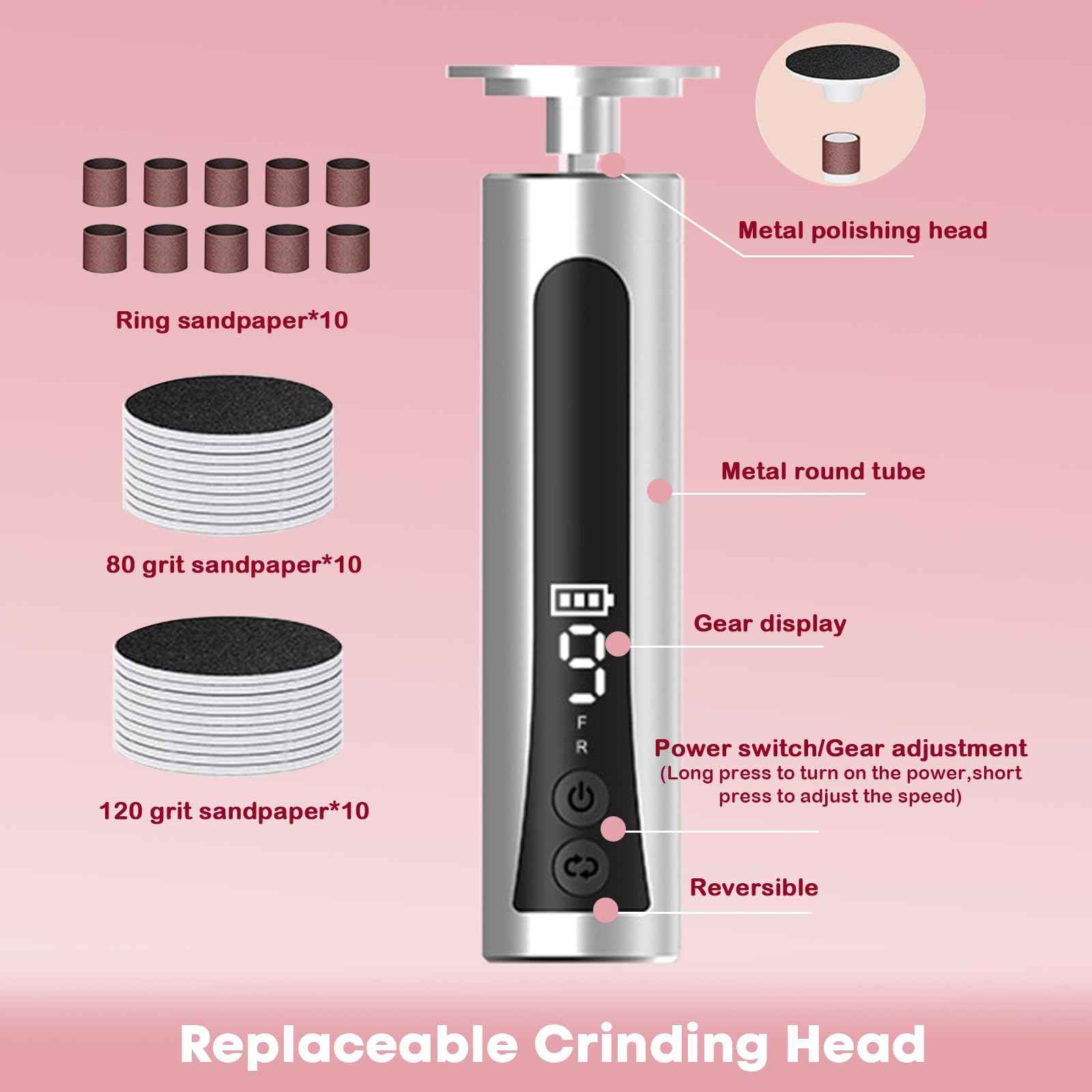 2 in 1 Electric Foot Callus Remover - with Nail Drill File, Aluminum Alloy, 11000RPM, 9 Speeds, with Digital Display, 10 Grinding Heads & 20pcs Sandpaper Discs,Cordless Rechargeable(Silver)