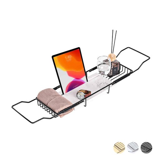 MARBBNEST Bathtub Tray Caddy for Luxury Bath Expandable Extra Wide Bath Tub Tray with Natural Marble Tray and Mobile/Tablet Stand, Ideal for Home Spa Lovers (Black + White)