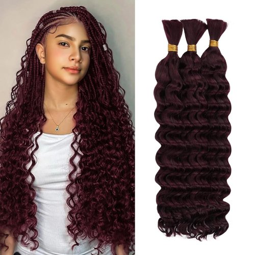 Deep Wave Human Braiding Hair for Boho Braids – 18 Inch 120g 3 Bundles/Pack 99J Burgundy, 100% Unprocessed 12A Brazilian Virgin Hair Bulk, No Weft, Wet & Wavy Curly Knotless Extensions