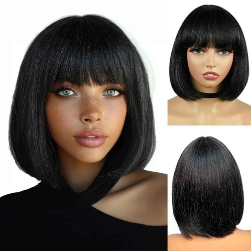 Sparktrail Grey Bob Wig Human Hair – 10 Inch Salt and Pepper Wigs for Black Women with Bangs, Glueless Non Lace Short Straight Silver Wig, Ready to Wear Natural Look with Breathable Cap