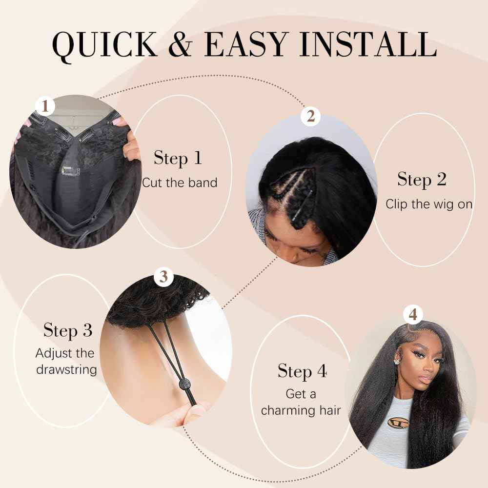 Goulus Kinky Straight V Part Wig Human Hair 14 Inch V Part Wig For Women with Drawstring 180% Density Upgrade Glueless U Part Wig No Leave Out No Sew In Kinky Straight Human Hair Wigs Natural Black