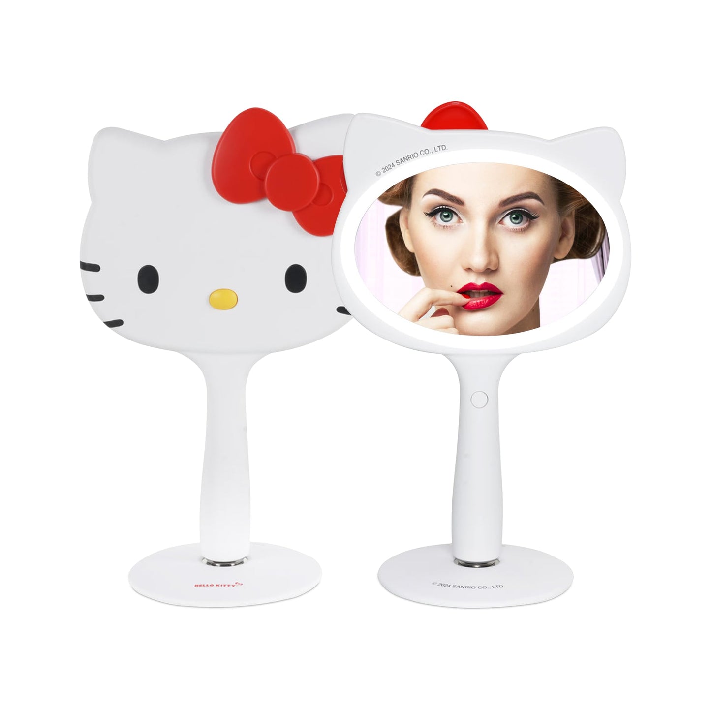 Impressions Vanity Hello Kitty LED Handheld Makeup Mirror with Magnetic Ball Standing Base, Velvety Soft Touch Finish, Ultra Bright Adjustable Brightness, Portable Lighted Mirrors for Travel and Home