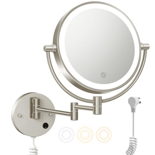 FASCINATE Upgraded Wall Mounted Makeup Mirror with Lights, Super Large Double Sided 1X/10X Magnifying Mirror for Bathroom, 360° Swivel Extendable Plug Touch Sensor Vanity Mirror