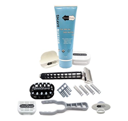 Deluxe Omnishaver Kit - The Fastest Way to Shave Head, Legs, Arms, Body | An Alternative to Disposable Shaving Razors Self Cleans & Strops During Use with Shave Butter & Replacement Cartridges - Black