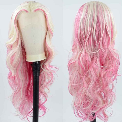 ZHYWIGS Long Wavy Hot Pink White Lace Front Wig Pink Skunk Stripe Platinum Blonde New Synthetic Hair For Women