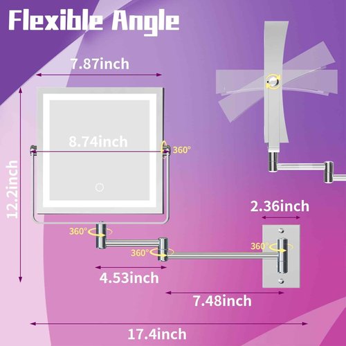 Wall Mounted Makeup Mirror with Lights 4000mAh Rechargeable Double Sided 1X/10X Magnifying Lighted Vanity Mirror with 3 Color Lights & Touch Dimmable 360° Rotation Extension Swing Arm for Bathroom