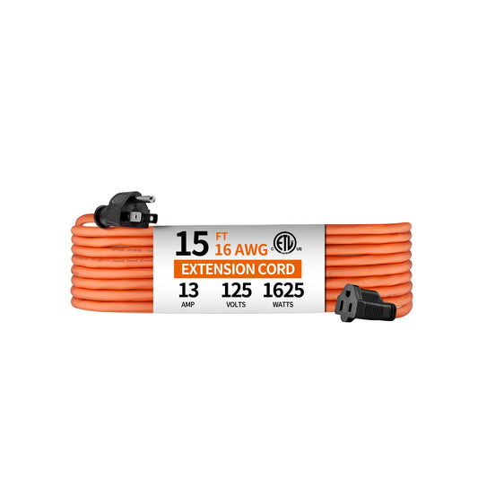 KTMC 15ft 16AWG Outdoor Extension Cord, Indoor/Outdoor 15-Foot SJTW 16/3 Gauge Extension Cable with Durable Weatherproof PVC Vinyl Jacket, 3-Prong Grounded Plug, ETL Certified 13A 1625W, Orange