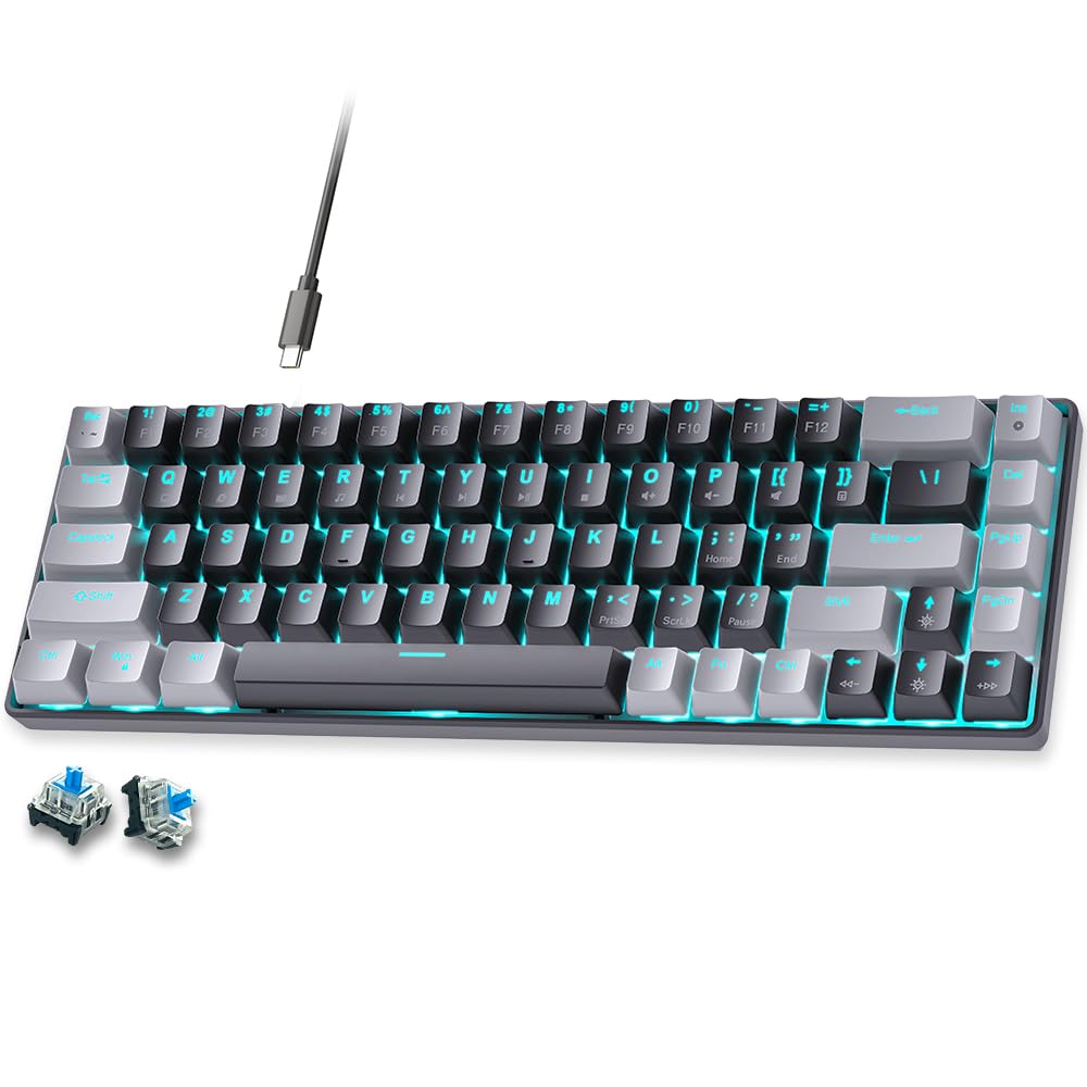 abucow 60% Mechanical Gaming Keyboard,Blue Switch Wired Compact Keyboard with Blue Backlight, Swappable Gray Black Keycaps, for Windows/Mac
