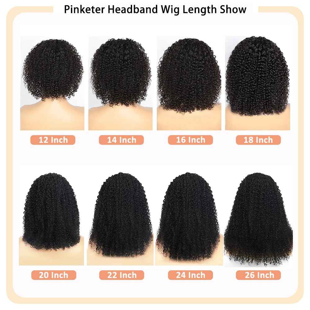 Kinky Curly Human Hair Headband Wig Non Lace Front Wigs for Black Women 150% Density Brazilian Virgin Human Hair Machine Made Wig Natural Color (Headband Wig, 26inch)