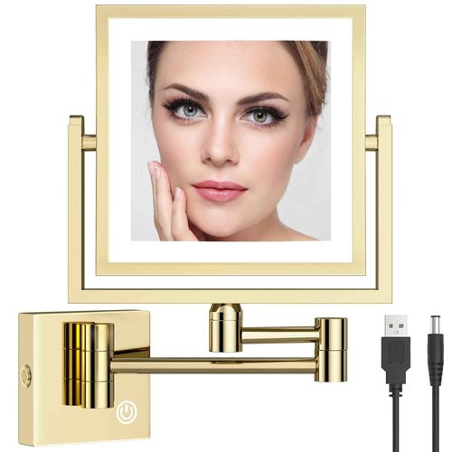 RECKODOR LED Lighted Makeup Mirror Wall Mounted Square, 1/3X Bathroom Magnifying Mirror Wall Mounted with Light, Touch Dimming, Rechargeable, PVD Zirconium Gold