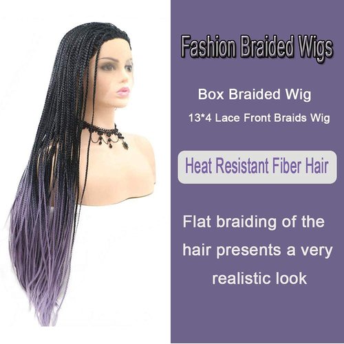 Braided Wigs Long Black Purple Lavender Box Braided Lace Front Wig for African American Women Free Part Soft Natural Hairline Realistic Drag Queen Wigs Festival Holiday Cosplay Daily 26 Inch