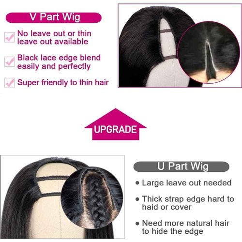 Pobokix Straight V Part Wigs Human Hair Upgrade U Part Human Hair Wigs for Black Women Glueless Clip In Half Wig 180% Density Natural Color (10inch)