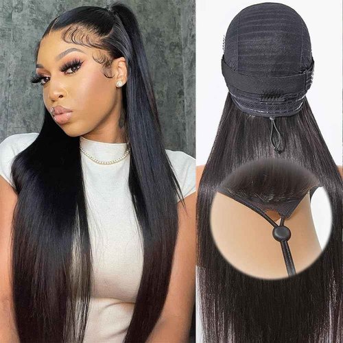 miniask 30 Inch Drawstring Straight Frontal Wig Hidden Strap Straight 13x6 Lace Frontal Wigs Human Hair Pre Plucked Pre Bleached Glueless Brazilian Wig Transparent Lace Wigs for Women