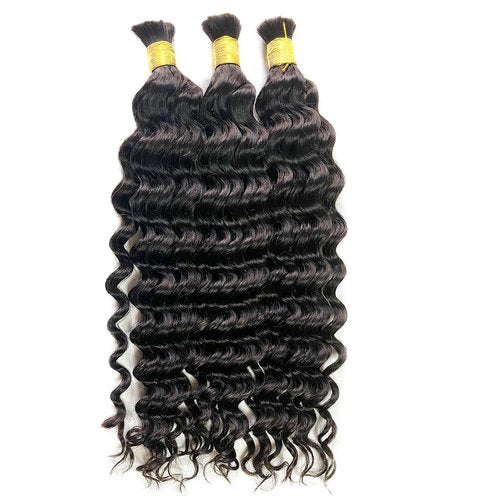 XISHIHONGYAN Bulk Human Hair Deep Curly - 3 Bundles (300g) Weft-Free Seamless for Box & Boho Knotless Braids 16 Inch Natural Black