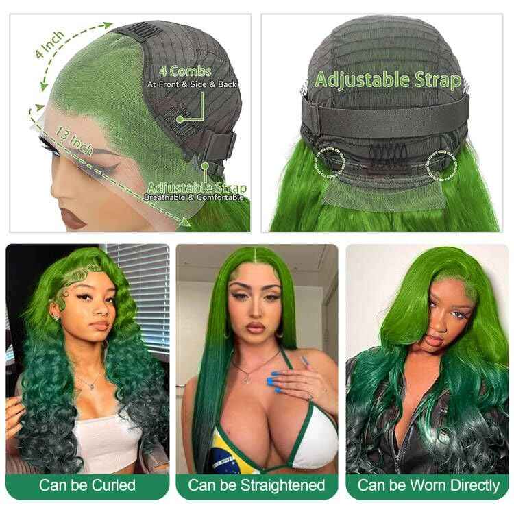GGEDUO Green Ombre Lace Front Wig Human Hair Body Wave 13x4 HD Glueless Lace Front Wigs 3 Tone Light Green to Dark Green Colored for Fashion Women 180% Density 24 Inch