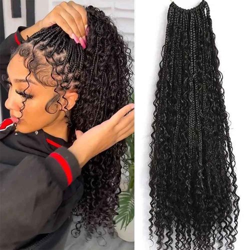 Crochet Boho Box Braids With Human Hair Pre Looped Hair Goddess Box Braids With Human Hair Curly Full Ends Hair Extensions For Women Natural Black Color 24inch 1 Pack(40 Strands)