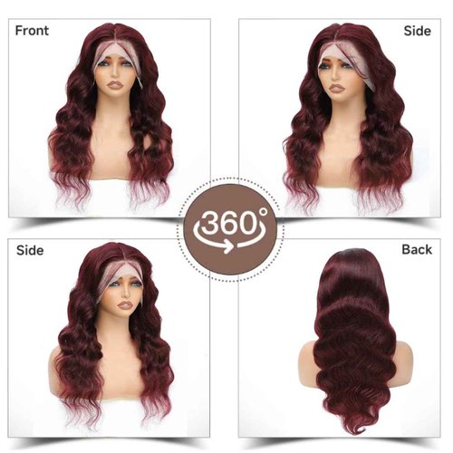 ALHER 12A Dark Burgundy Lace Frontal Wig 180% Density, 99J Wine Red Colored Ear to Ear 13x4 Frontal Wig Pre Plucked With Baby Hair, 100% Virgin Remy Human Hair Purple Wig for Black Women 22 IN
