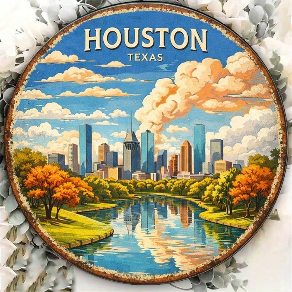 Vintage Houston Texas Cityscape Round Wall Sign - 8x8in