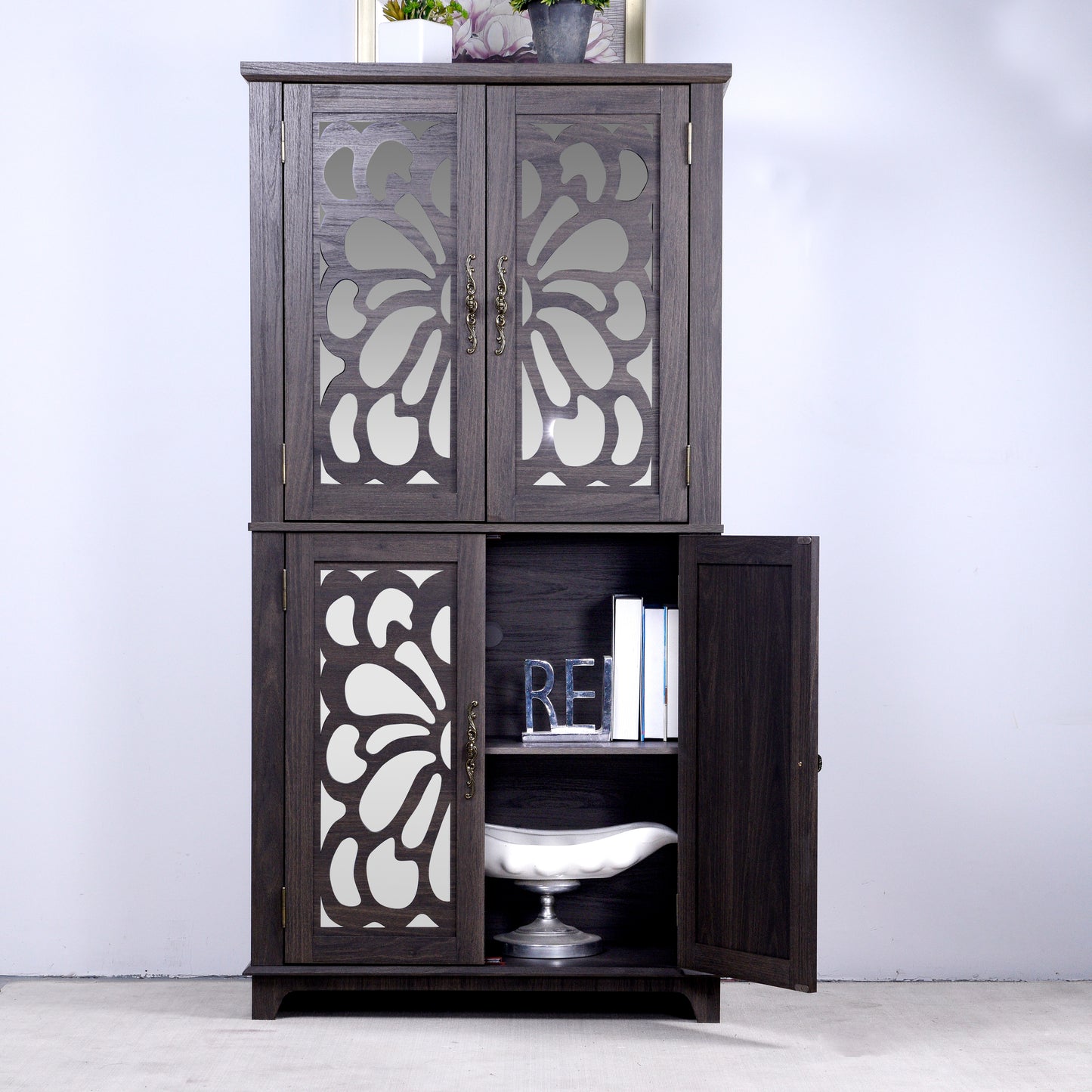 Display Sideboard Buffet With 4 Acrylic Mirrored Doors, Adjustable