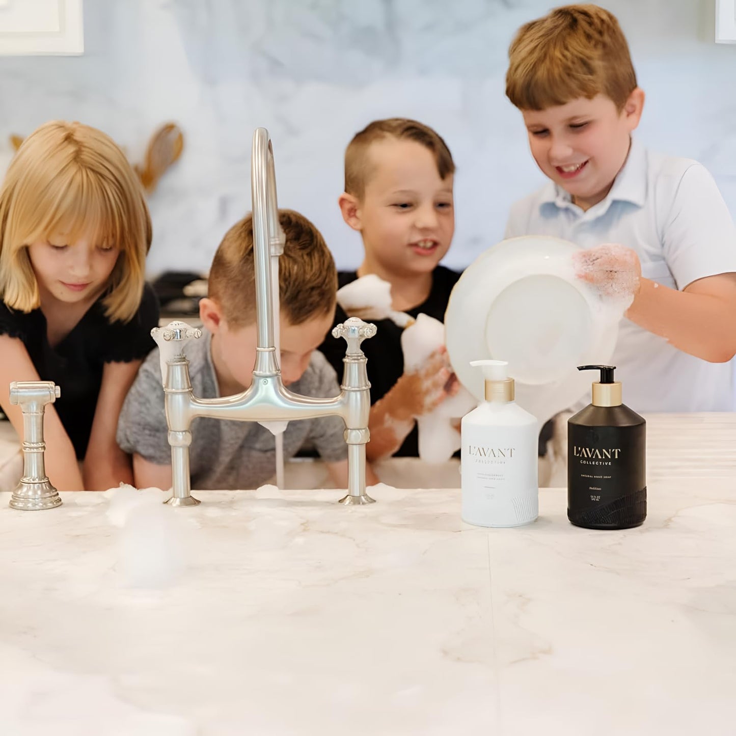 L'AVANT Collective Dish & Hand Soap Duo Fresh Linen | High Performing Formula Luxurious Ingredients for Soft & Smooth Hands & Dishes | 2 Reusable Glass Bottles Kitchen Accessories Home Decor Gifts