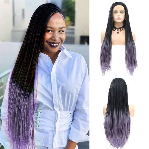 Braided Wigs Long Black Purple Lavender Box Braided Lace Front Wig for African American Women Free Part Soft Natural Hairline Realistic Drag Queen Wigs Festival Holiday Cosplay Daily 26 Inch