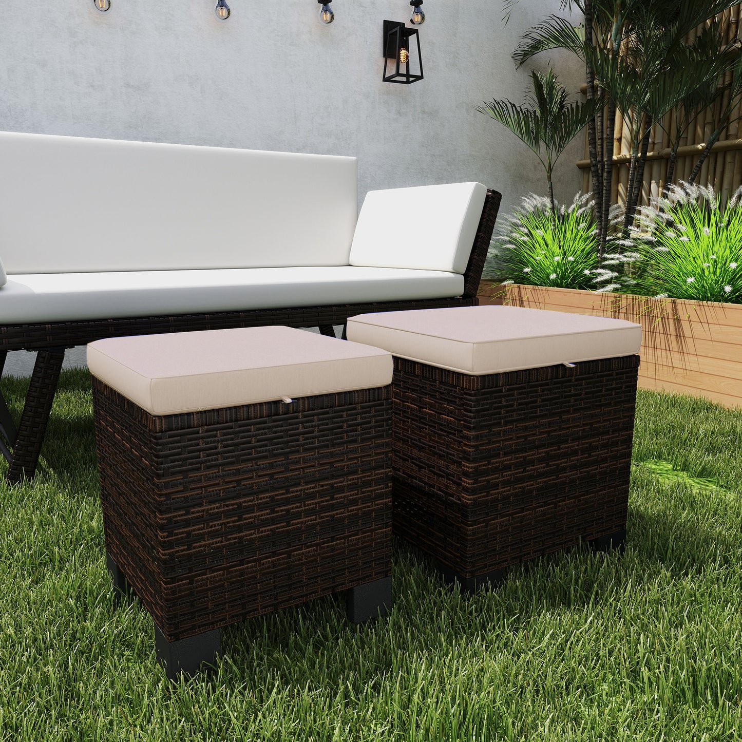2-Piece Outdoor Wicker Ottoman Set with Cushions - Cream
