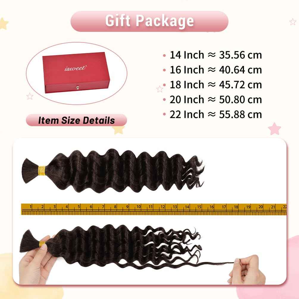 2 Bundle Human Braiding Hair for Boho Braids, 20Inch 100G #2 10A Brazilian Virgin Deep Wave Bulk Human Hair for Braiding, Wet And Wavy No Weft Curly Braiding Hair for Boho Knotless Braids