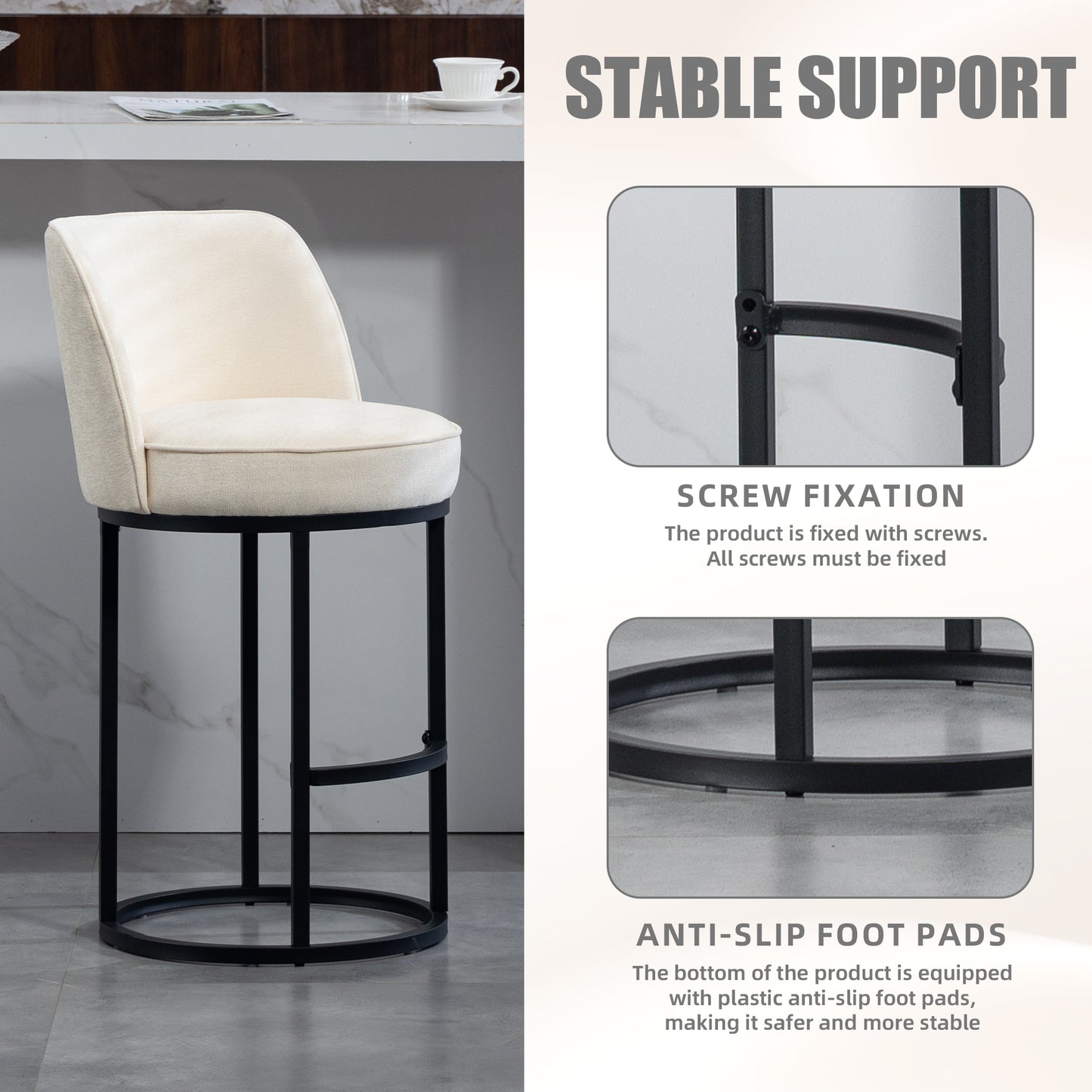 Counter Height Bar Stools Set of 2 - Modern Beige Upholstered