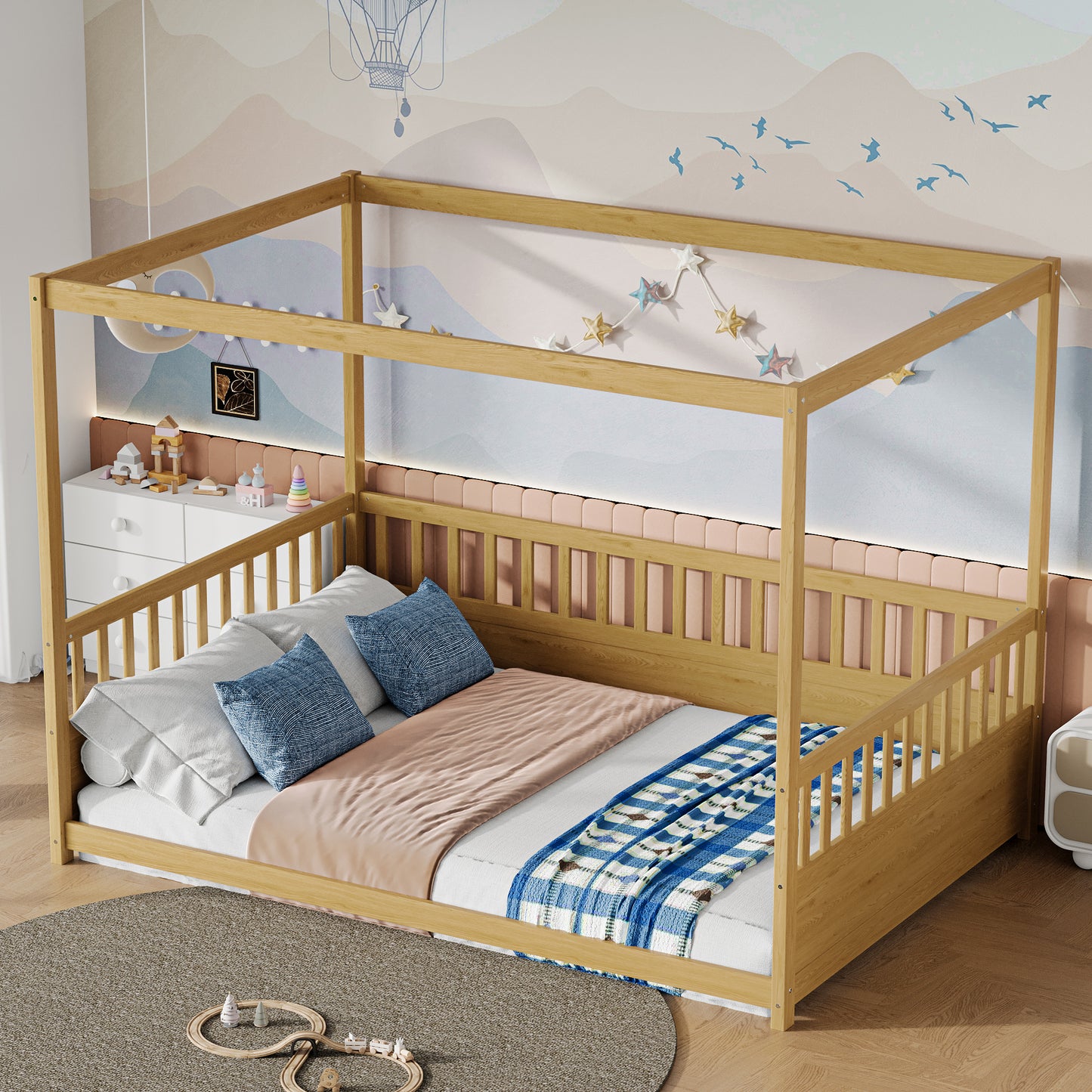 Full Size Canopy Bed Frame with Guardrails - Natural Wood