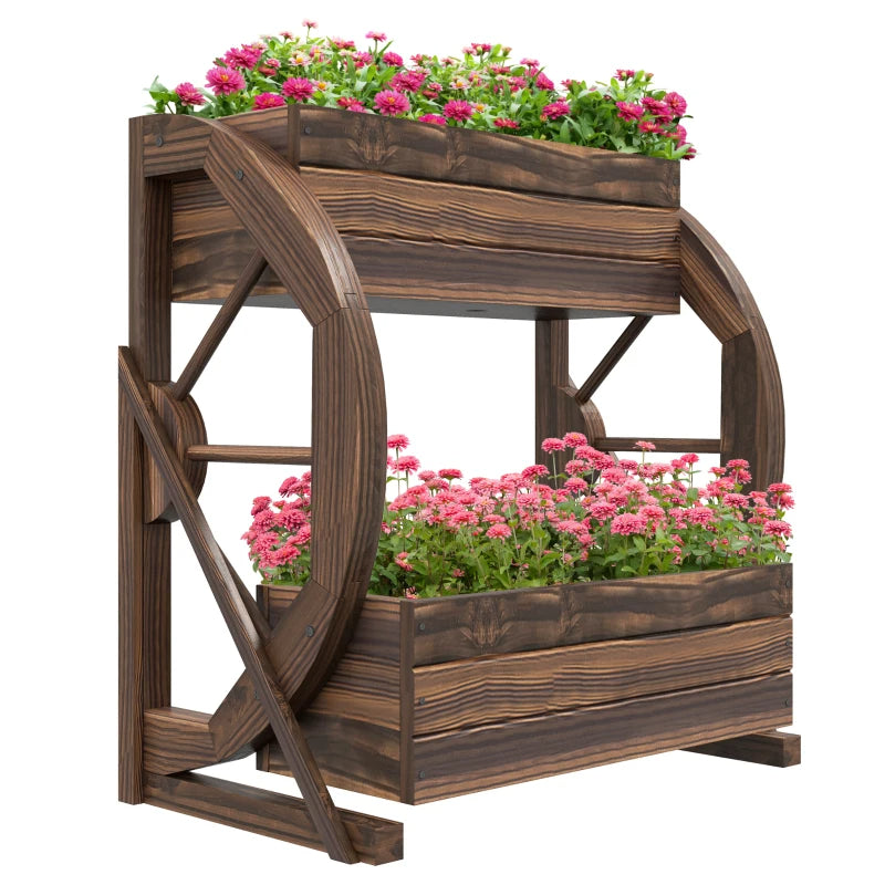 Wooden Wagon Planter Box 2-Tier Raised Garden Bed for Vegetables Flowers Herbs