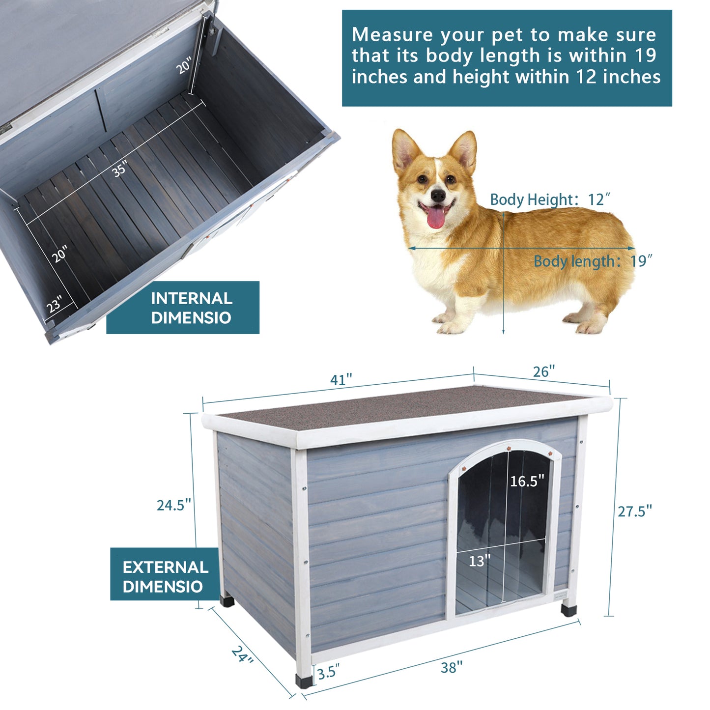 Outdoor Dog House with Waterproof Roof & Elevated Floor - Medium, Grey