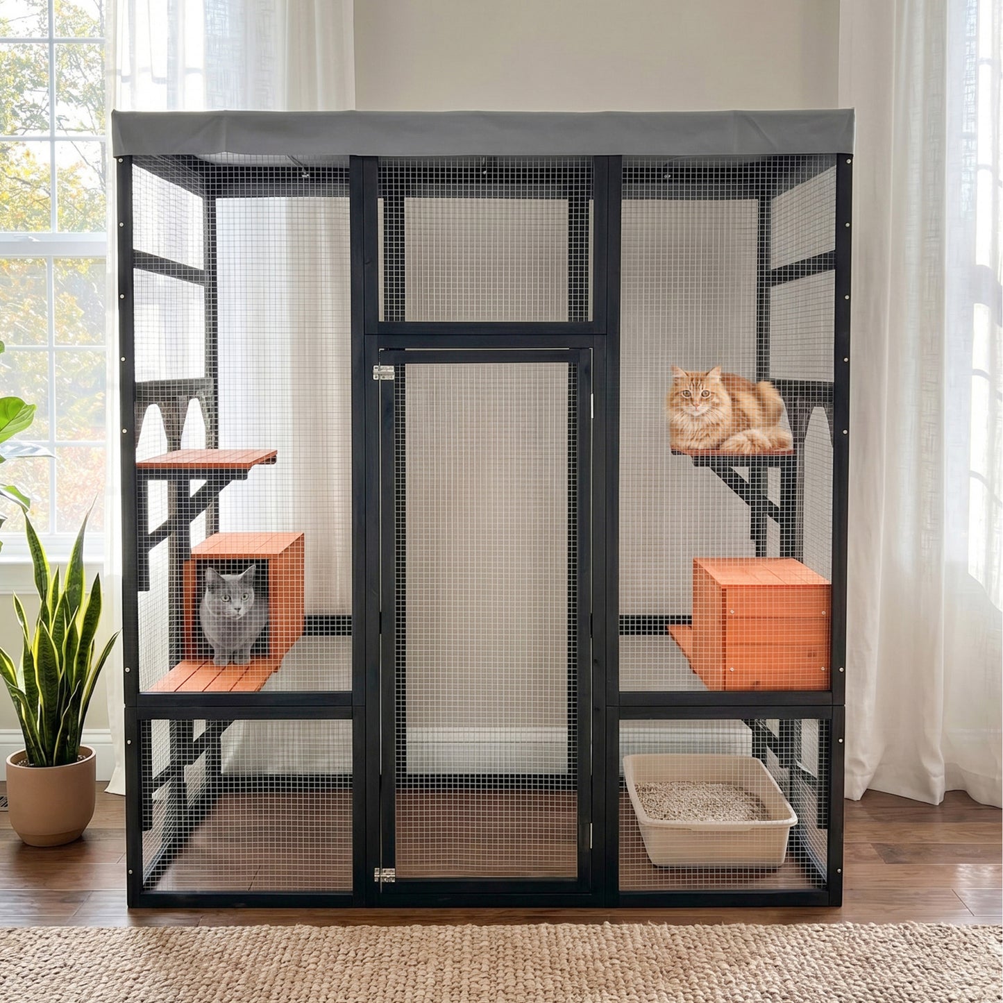 Large Wooden Cat Enclosure with Waterproof Cover and Multiple Platforms