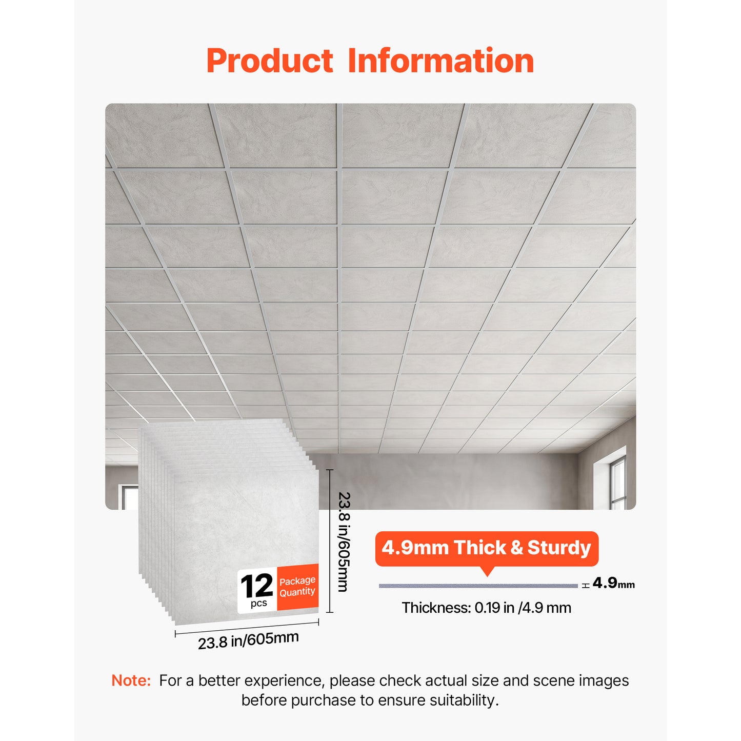 24x24 Inch PVC Ceiling Tiles 12-Pack White Marble Drop Ceiling Panels Water-Resistant