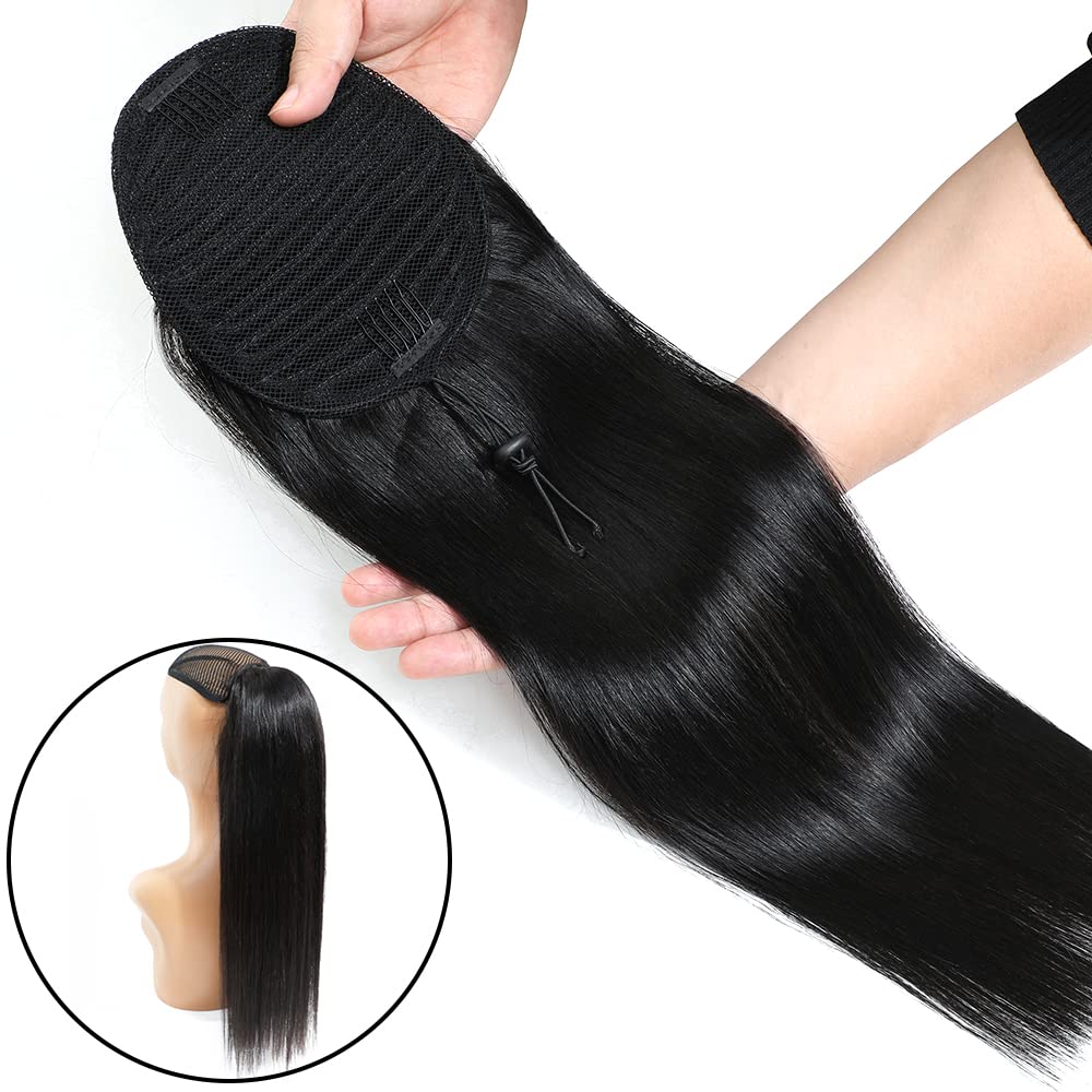 10A Grade Human Hair Ponytail Clip In Extensions 1 Piece, 100% Unprocessed Real Brazilian Hair Pony tail Hairpiece Braids Hair Extensions (28 Inch, Straight, Wrap Drawstring)
