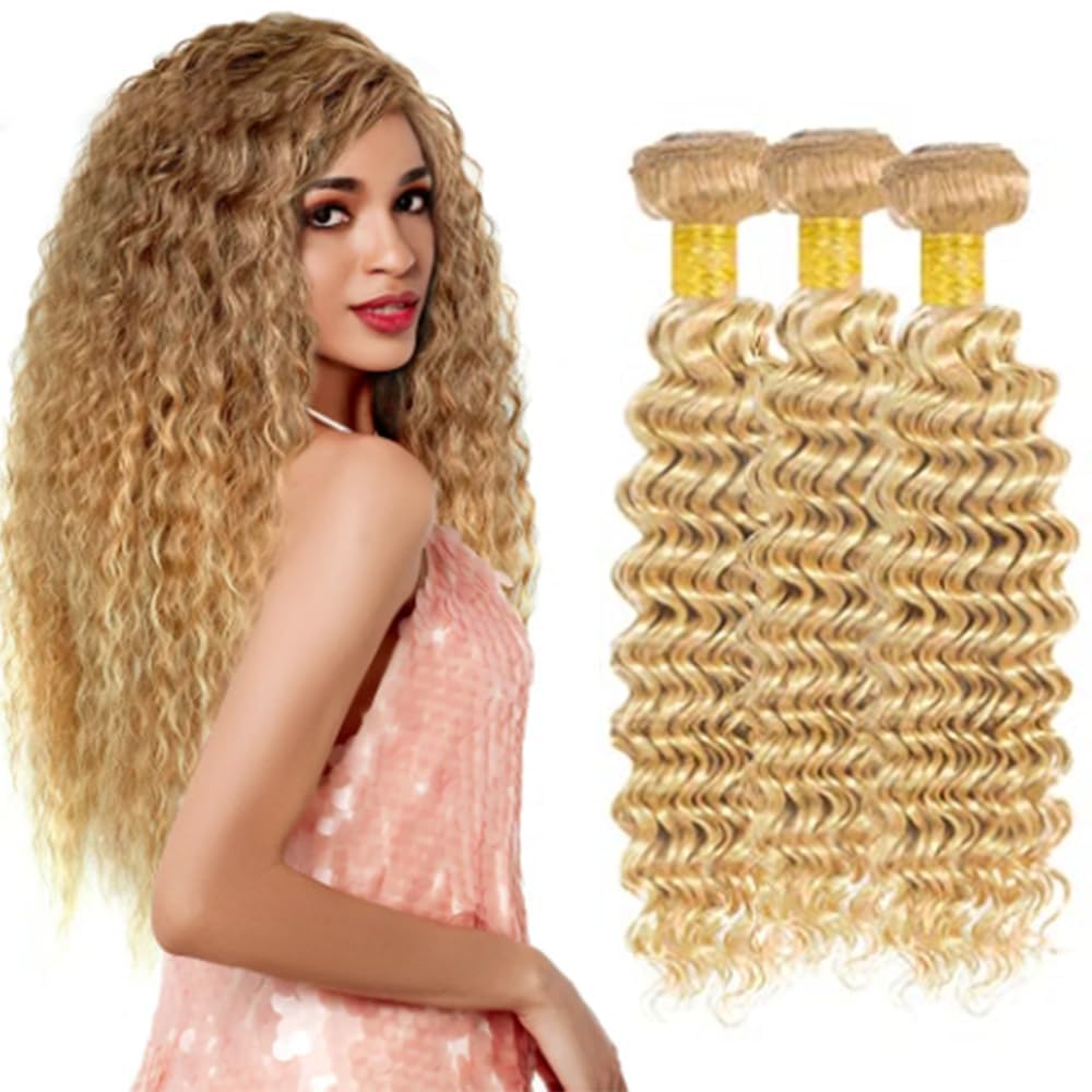 Giginger Bundles Human Hair P27/613 Blonde Deep Wave Human Hair Bundles 18 20 22 Inch Highlight Honey Blonde Unprocessed Quick Weave Soft Sewn In Hair Extensions for Black Women