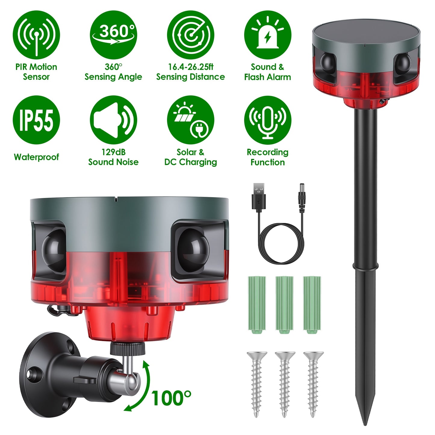 Outdoor Solar Motion Sensor Alarm 129dB with 13 Sounds & Custom Recording, Animal Deterrent, Waterproof Garden Security Light