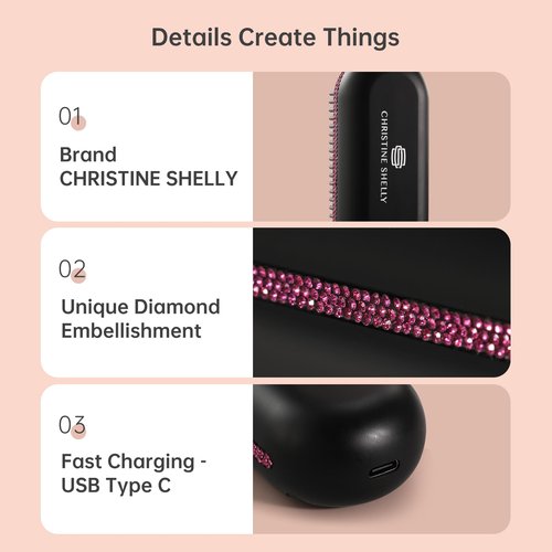 CHRISTINE SHELLY Hair Straightener Brush, Portable Cordless Mini Straightening Brush for Travel, Negative Ion Hot Comb Hair Straightener with 9 Temps for Women, Anti-Scald Ceramic, Fast Charge