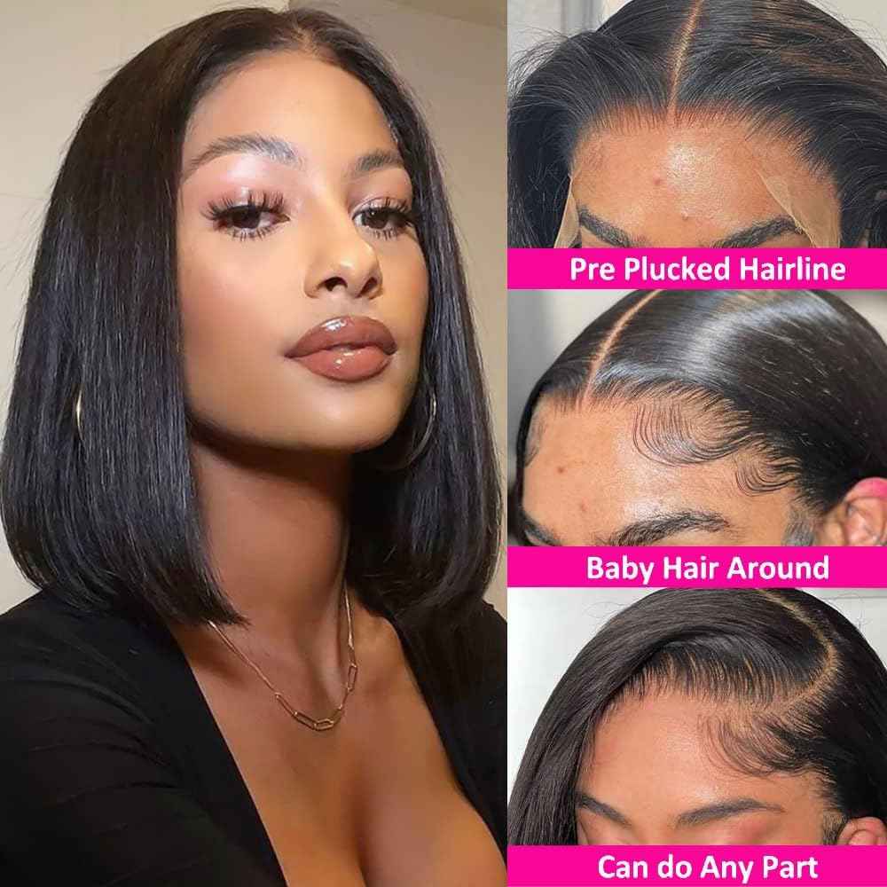 250% Density Bob Wig Human Hair 13x4 HD Lace Front Wigs Human Hair Pre Plucked with Baby Hair Wear and Go Glueless Short Bob Wigs for Black Women Straight Bob Frontal Wigs Human Hair 12 Inch