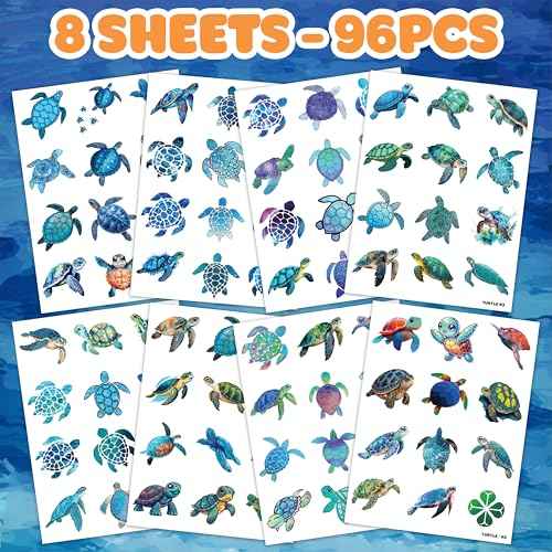 Sea Turtle Temporary Tattoos 8 Sheets 96PCS Ocean Party Decorations Supplies Favors Under Sea Theme Birthday Cute Stickers Christmas Gifts for Boys Girls Class School Prizes Carnival