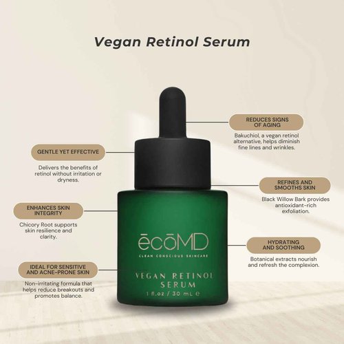 EcoMD Vegan Retinol Serum, 1 fl oz, Gentle Anti-Aging Face Serum with Bakuchiol for Sensitive Skin, Natural Botanical Formula