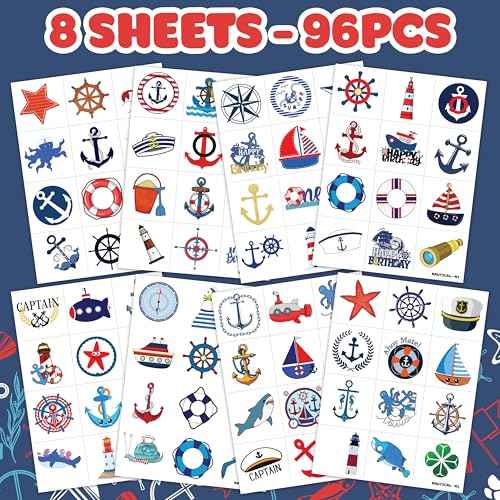 Nautical Pre-cut Temporary Tattoos 8 Sheets 96 PCS Boat 1st Party Decorations Favors Supplies Sailor Nautical Theme Birthday Cute Stickers Christmas Gifts for Boys Girls Class School Prizes Carnival
