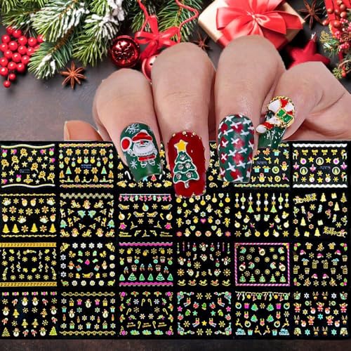 30 Sheets Christmas Nail Art Stickers Decals Set, Golden Cartoon Designs with Snowflakes, Snowmen, Trees, Reindeer, Bells, 3D Adhesive Embellishments, Shimmery Hexagonal Self-Adhesive Nail Decor