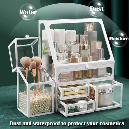 Haoh Glass Makeup Organizer Multi-Functional with Pearl Makeup Organizer with Drawers for Bathroom Vanity Organizer Skincare Lipstick Brushes