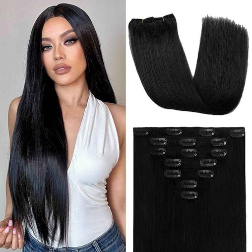 Clip in Hair Extensions Real Human Hair, #1 Jet Black Human Hair Extensions, 22 Inch 7Pcs 115g Human Hair Clip in Extensions, Double Weft Seamless Invisible Extensions Human Hair for Women