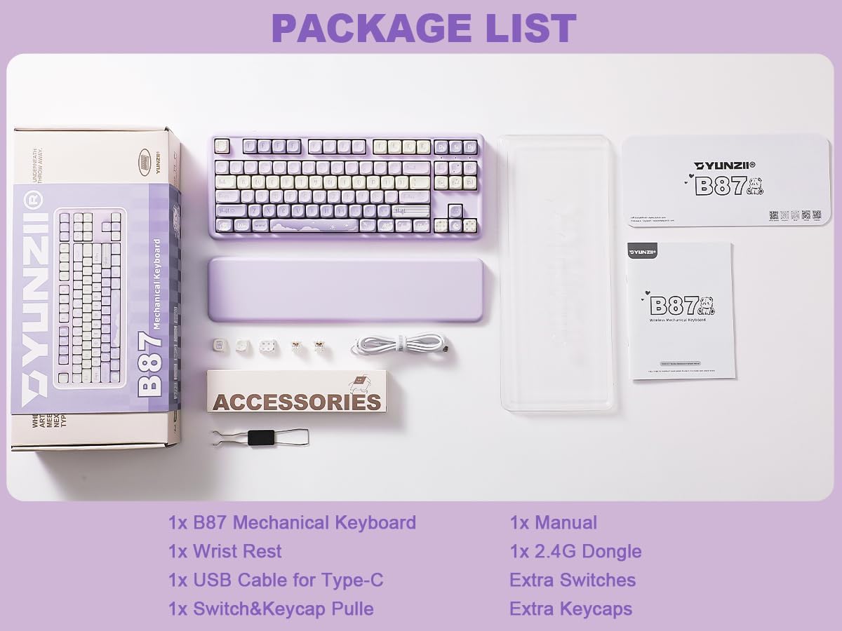 YUNZII B87 Wireless Mechanical Keyboard,QMK/VIA Programmable,TKL Layout 87 Keys,BT/2.4G/USB-C,Hot Swap Gasket Mount RGB Backlit Gaming with Wrist Rest for Win/Mac(Purple, Cocoa Cream V2)