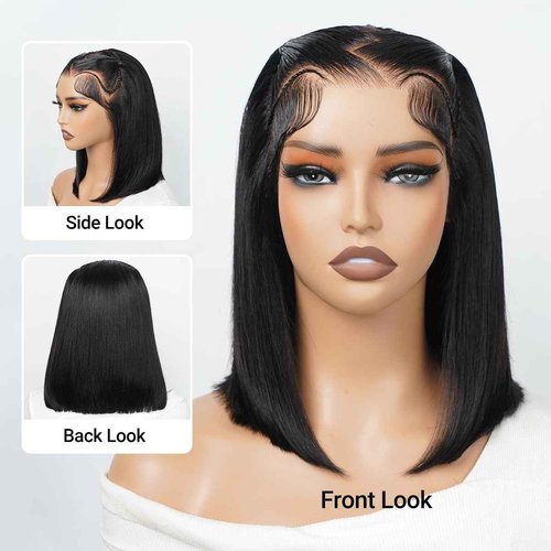 SUPERNOVA Glueless Styled Short Bob Wig Human Hair 13x4 Lace Front Braided Wigs For Black Women Straight Wear And Go Glueless Wigs Human Hair Pre Plucked Pre Cut Lace 200 Density(10 Inch)