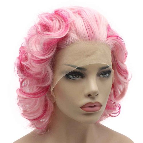 Lushy Short Two Tone Pink blonde Mix Wig Heat Friendly Heavy Density Synthetic Lace Front Wig